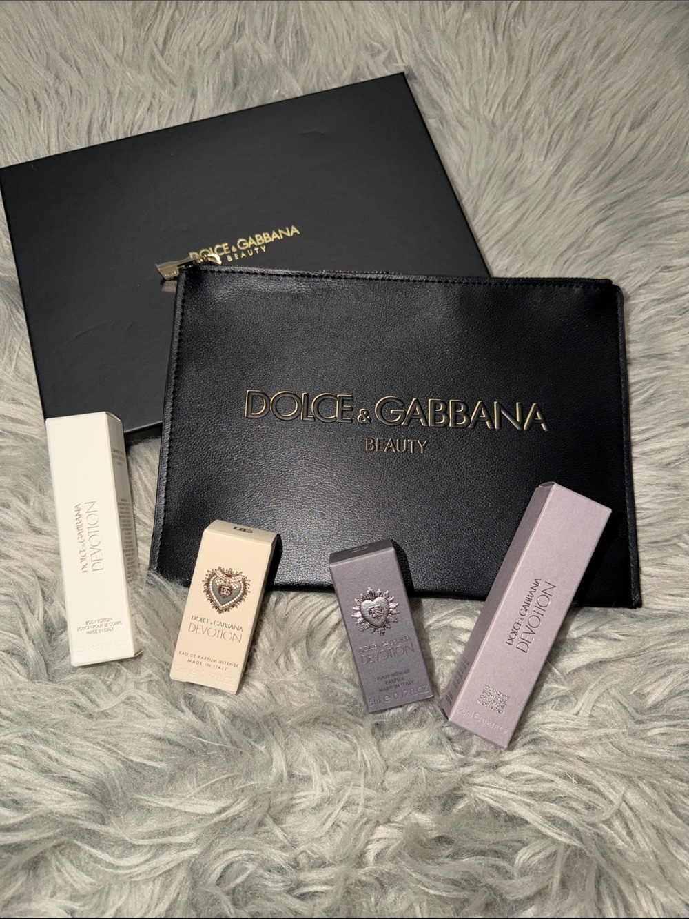 Dolce & Gabbana Black and Gold Logo Beauty Pouch with Mini Fragrance Boxes
